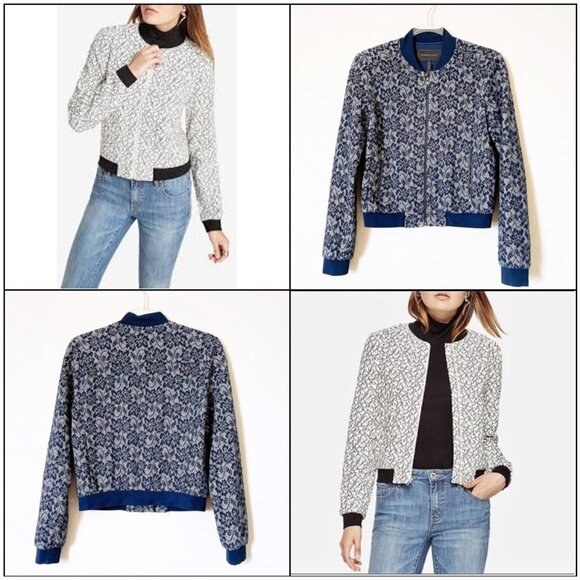 BCBGMaxAzria Floral Lace "Kenneth" Zip-Front Navy Blue Bomber Jacket - Size XXS - Picture 4 of 15